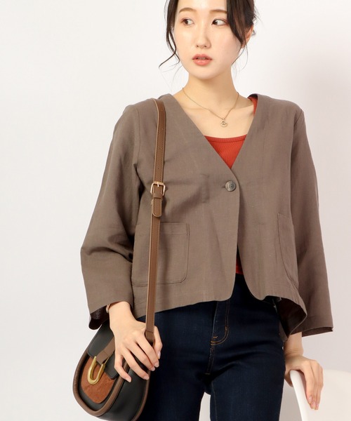 A.N.L（エーエヌエル　レーベル）の「A.N.L 麻１００％　ノーカラーブルゾン　ジャケット（ノーカラージャケット・レディース・チャコールグレー/ベージュ/ネイビー・38）」の8枚目の写真