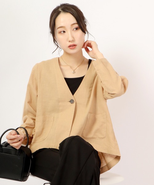 A.N.L（エーエヌエル　レーベル）の「A.N.L 麻１００％　ノーカラーブルゾン　ジャケット（ノーカラージャケット・レディース・チャコールグレー/ベージュ/ネイビー・38）」の6枚目の写真