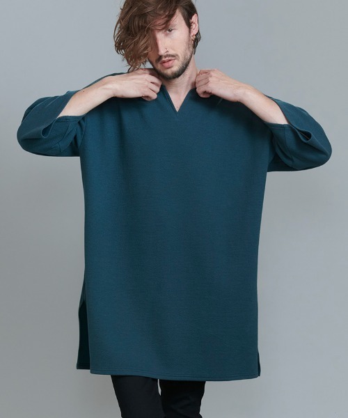 NO ID.(ノーアイディ)の「mlt3898-ハーフスリーブキーネックロングPO プルオーバー(Tシャツ/カットソー・メンズ・ブルーグリーン/ブラック/グレー/ホワイト・ONE SIZE)」の2枚目の写真