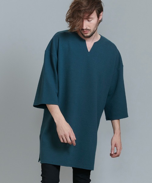 NO ID.(ノーアイディ)の「mlt3898-ハーフスリーブキーネックロングPO プルオーバー(Tシャツ/カットソー・メンズ・ブルーグリーン/ブラック/グレー/ホワイト・ONE SIZE)」の9枚目の写真