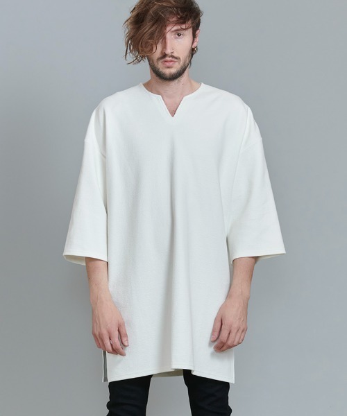 NO ID.(ノーアイディ)の「mlt3898-ハーフスリーブキーネックロングPO プルオーバー(Tシャツ/カットソー・メンズ・ブルーグリーン/ブラック/グレー/ホワイト・ONE SIZE)」の12枚目の写真