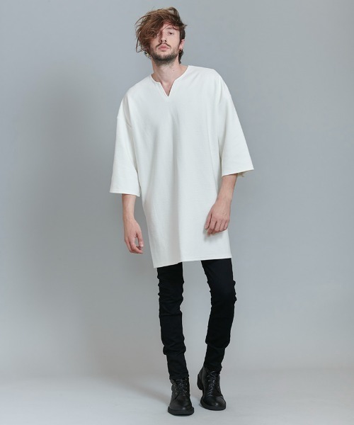 NO ID.(ノーアイディ)の「mlt3898-ハーフスリーブキーネックロングPO プルオーバー(Tシャツ/カットソー・メンズ・ブルーグリーン/ブラック/グレー/ホワイト・ONE SIZE)」の13枚目の写真