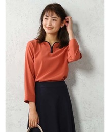 【お仕事OK/セットアップ可能】配色クルミ釦ブラウス　オレンジ/ライトグレー/ベージュ
