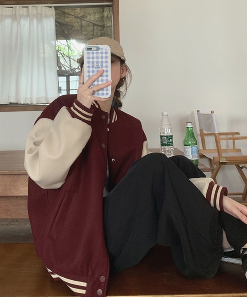 EPICKS（エピックス）の「袖配色シンプルスタジャン（スタジャン・レディース・ワイン/ブラウン・XL/L）」の4枚目の写真