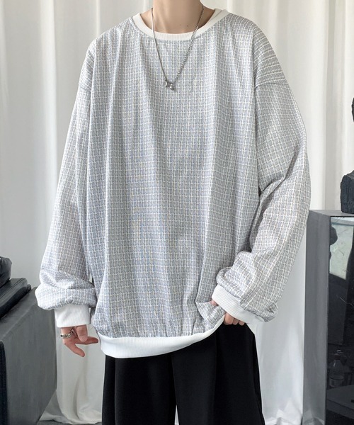 セール】【FVLMEN】tweed print switching sweat pullover/ツイード 