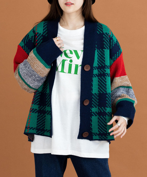 HEYUMM（ヘユム）の「カラフルチェックニットカーディガン