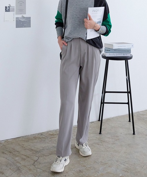 イージーケア美脚スラックスタックワイドパンツ