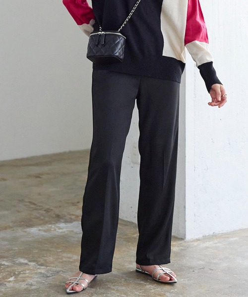 イージーケア美脚スラックスタックワイドパンツ