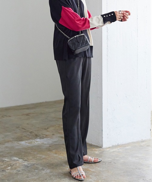 イージーケア美脚スラックスタックワイドパンツ