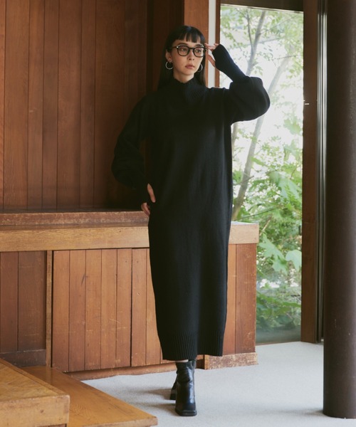 Happy John（ハッピージョン）の「high neck knit one piece dress/ハイネックニットワンピース（ワンピース・レディース・アイボリー/ブラック/ブルー/グレー・FREE）」の5枚目の写真