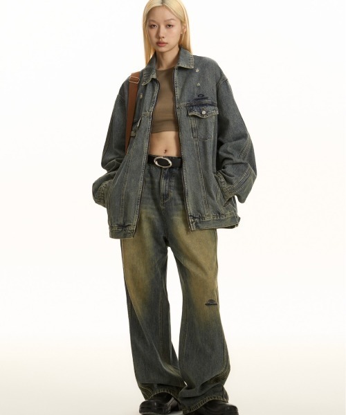 TGNS（ツーガンズ）の「ストリートファッション TGNS ツーガンズ Retro Yellow Mud For Old Side Jeans オーバーサイズ ボトムス パンツ ジーパン ジーンズ デニム デニムパンツ レトロパンツ ヴィンテージパンツ 長ズボン（デニムパンツ・メンズ・ブルー・M）」の4枚目の写真