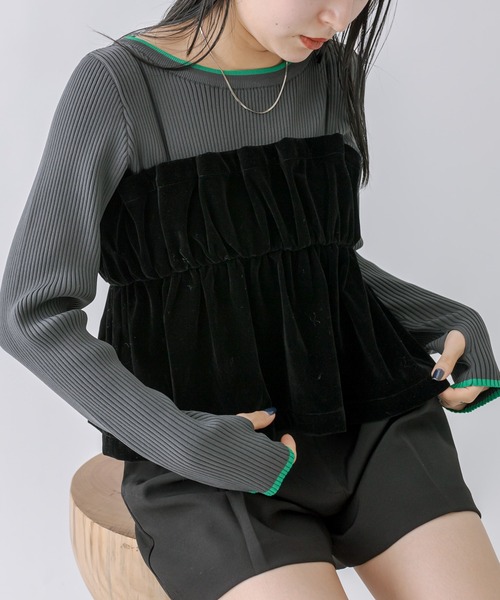 mline（エムライン）の「[mline]ベアギャザーベロアキャミソール（キャミソール・レディース・ブラック/ベージュ・FREE）」の3枚目の写真