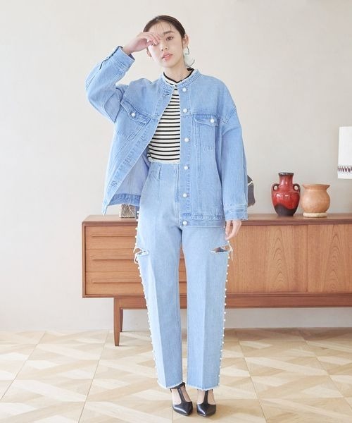 mysty woman(ミスティウーマン)の「パールボタンデニムジャケット 996648(デニムジャケット・レディース・ネイビー/ブルー/ブラック・FREE)」の8枚目の写真