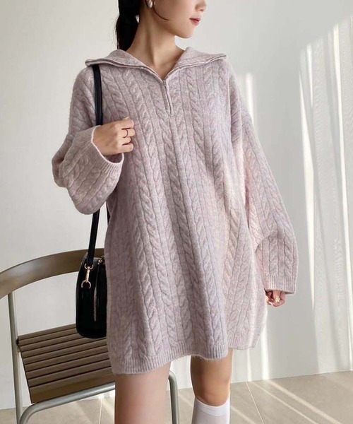 one after another NICE CLAUP（ワンアフターアナザーナイスクラップ）の「ケーブルニットZIPUPニットワンピース（ワンピース・レディース・ライトグレー/ピンク/アイボリー/チャコール・FREE）」の4枚目の写真