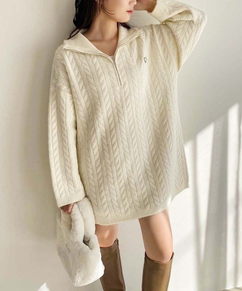 one after another NICE CLAUP（ワンアフターアナザーナイスクラップ）の「ケーブルニットZIPUPニットワンピース（ワンピース・レディース・ライトグレー/ピンク/アイボリー/チャコール・FREE）」の2枚目の写真