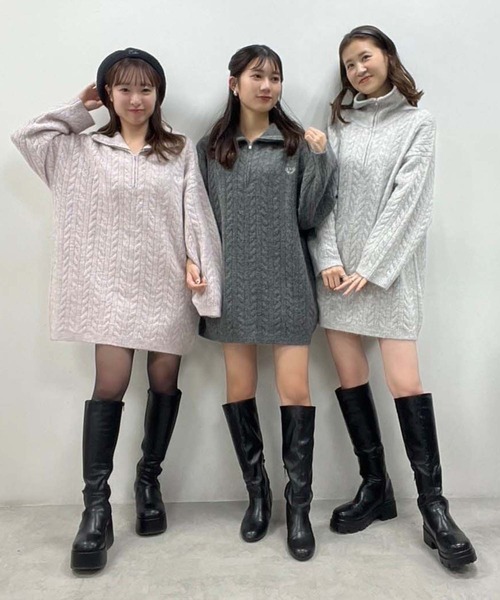 one after another NICE CLAUP（ワンアフターアナザーナイスクラップ）の「ケーブルニットZIPUPニットワンピース（ワンピース・レディース・ライトグレー/ピンク/アイボリー/チャコール・FREE）」の18枚目の写真