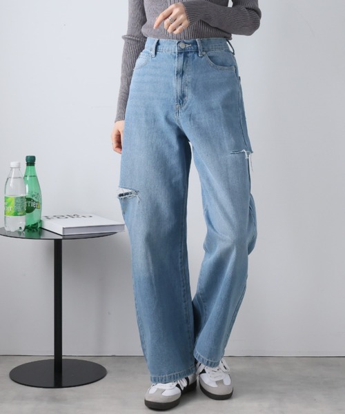 Girly Doll(ガーリードール)の「ダメージストレートパンツ(デニムパンツ・レディース・サックスブルー/ブラック/ブルー・F)」の3枚目の写真