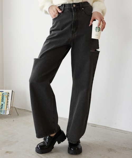 Girly Doll(ガーリードール)の「ダメージストレートパンツ(デニムパンツ・レディース・サックスブルー/ブラック/ブルー・F)」の7枚目の写真