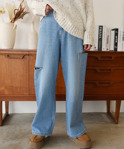 Girly Doll(ガーリードール)の「ダメージストレートパンツ(デニムパンツ・レディース・サックスブルー/ブラック/ブルー・F)」の14枚目の写真