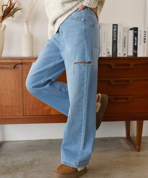 Girly Doll(ガーリードール)の「ダメージストレートパンツ(デニムパンツ・レディース・サックスブルー/ブラック/ブルー・F)」の15枚目の写真