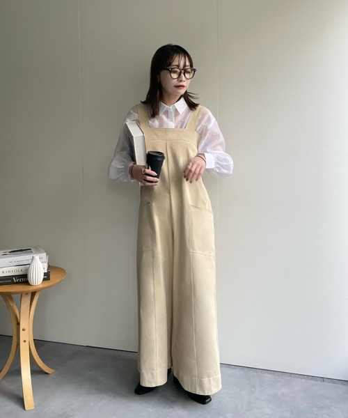 papapa さん専用Suspender サロペット ステッチ ベージュ セール】配色ステッチワイドサロペット（サロペット