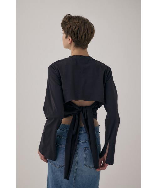M_(エムアンダーバー)の「オーガニックコットン使用の少しハリのあるTシャツ生地 背中で帯を結わえるデザインの長袖Tシャツ(Tシャツ/カットソー・レディース・アイボリー/ブラック/ライトピンク・FREE)」の4枚目の写真