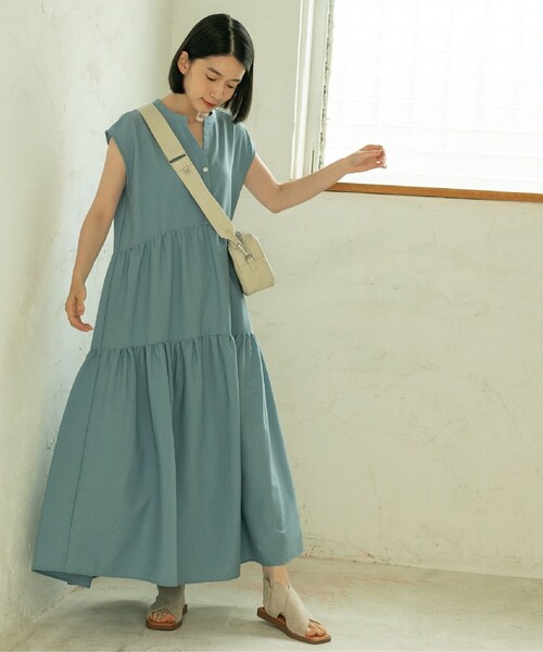 coen(コーエン)の「【WEB限定】シアサッカーティアードワンピース(ワンピース・レディース・オリーブ/ターコイズブルー/ダークグレー・M/L)」の3枚目の写真