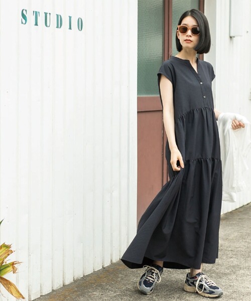 coen(コーエン)の「【WEB限定】シアサッカーティアードワンピース(ワンピース・レディース・オリーブ/ターコイズブルー/ダークグレー・M/L)」の6枚目の写真