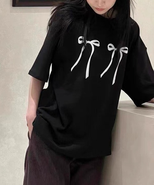 LAFFMO(ラフモ)の「リボンプリントTシャツ(Tシャツ/カットソー・レディース・ホワイト/ブラック/レッド・F)」の6枚目の写真