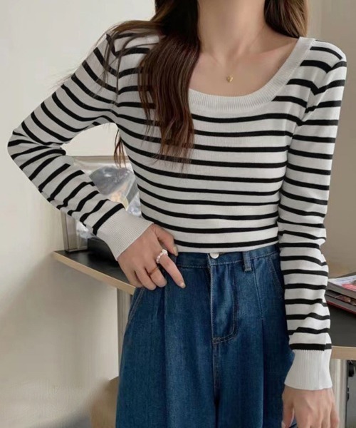Miniministore(ミニミニストア)の「ボーダー柄ニットトップス スクエアネック(ニット/セーター・レディース・グリーン/ホワイト/ブラック/ライトベージュ・FREE)」の15枚目の写真