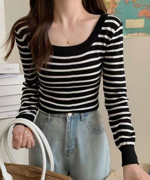 Miniministore(ミニミニストア)の「ボーダー柄ニットトップス スクエアネック(ニット/セーター・レディース・グリーン/ホワイト/ブラック/ライトベージュ・FREE)」の6枚目の写真
