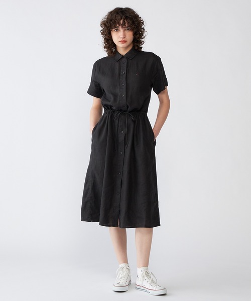   トミーヒルフィガー 麻100％ シャツ ワンピース さらに10%off】リネンショートスリーブミディシャツワンピース