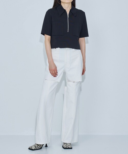 WRAPINKNOT(ラッピンノット)の「【WRAPINKNOT(ラッピンノット)】《STUDIOUS別注》FRONT ZIP SHORT SHIRT(Tシャツ/カットソー・レディース・ブラック/アイボリー・FREE)」の6枚目の写真