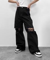 LVEU. | 【LVEU.】クラッシュルーズデニムパンツ / ボトムス パンツ デニム ダメージ ストレート ワイド ルーズ ヴィンテージ 色落ち インディゴ ブルー ブラック(デニムパンツ)