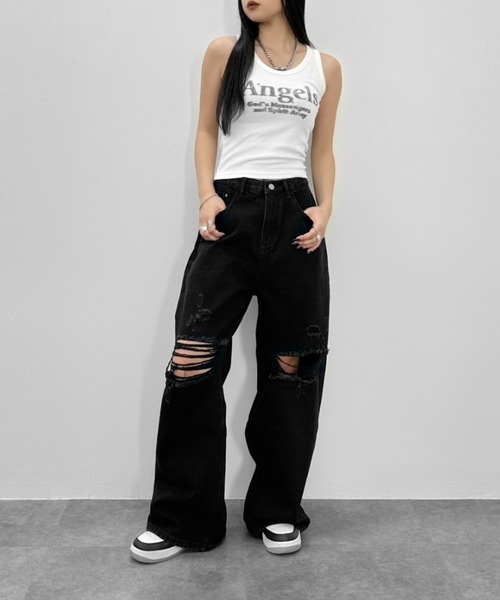 LVEU.（ラブユ.）の「【LVEU.】クラッシュルーズデニムパンツ / ボトムス パンツ デニム ダメージ ストレート ワイド ルーズ ヴィンテージ 色落ち インディゴ ブルー ブラック（デニムパンツ・レディース・ブラック/ブルー・FREE）」の3枚目の写真