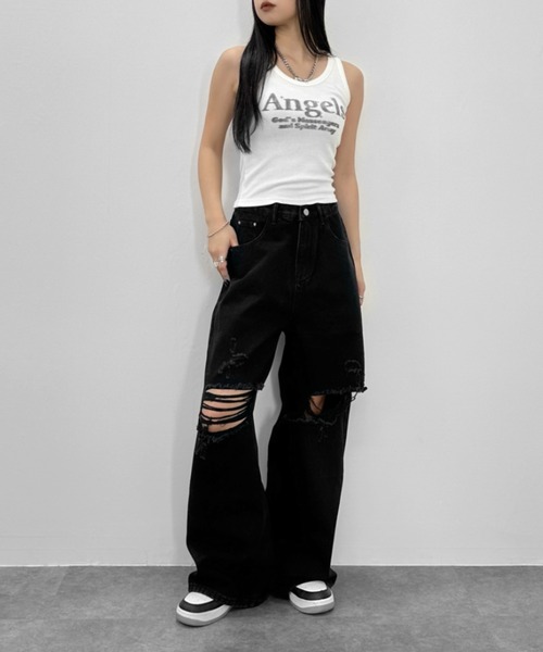 LVEU.（ラブユ.）の「【LVEU.】クラッシュルーズデニムパンツ / ボトムス パンツ デニム ダメージ ストレート ワイド ルーズ ヴィンテージ 色落ち インディゴ ブルー ブラック（デニムパンツ・レディース・ブラック/ブルー・FREE）」の5枚目の写真