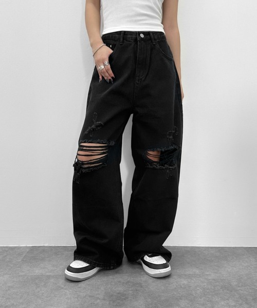 LVEU.（ラブユ.）の「【LVEU.】クラッシュルーズデニムパンツ / ボトムス パンツ デニム ダメージ ストレート ワイド ルーズ ヴィンテージ 色落ち インディゴ ブルー ブラック（デニムパンツ・レディース・ブラック/ブルー・FREE）」の14枚目の写真