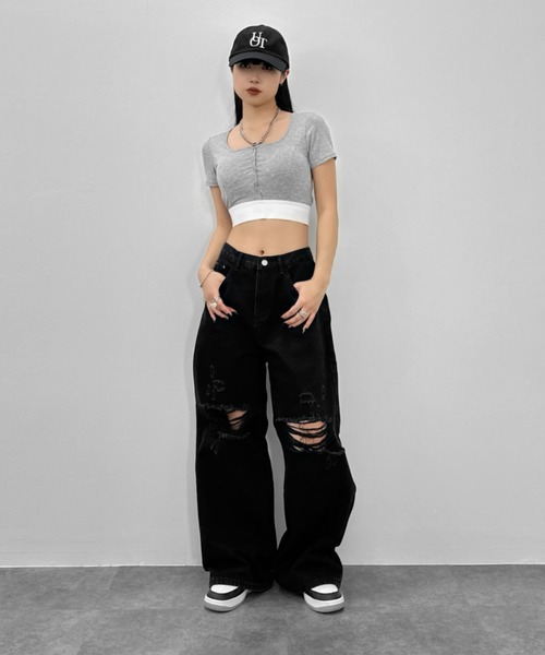 LVEU.（ラブユ.）の「【LVEU.】クラッシュルーズデニムパンツ / ボトムス パンツ デニム ダメージ ストレート ワイド ルーズ ヴィンテージ 色落ち インディゴ ブルー ブラック（デニムパンツ・レディース・ブラック/ブルー・FREE）」の10枚目の写真