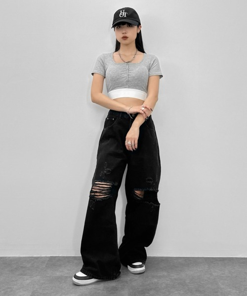 LVEU.（ラブユ.）の「【LVEU.】クラッシュルーズデニムパンツ / ボトムス パンツ デニム ダメージ ストレート ワイド ルーズ ヴィンテージ 色落ち インディゴ ブルー ブラック（デニムパンツ・レディース・ブラック/ブルー・FREE）」の11枚目の写真