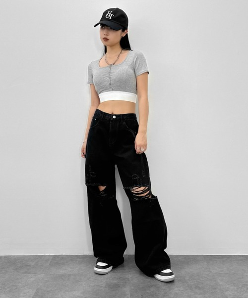 LVEU.（ラブユ.）の「【LVEU.】クラッシュルーズデニムパンツ / ボトムス パンツ デニム ダメージ ストレート ワイド ルーズ ヴィンテージ 色落ち インディゴ ブルー ブラック（デニムパンツ・レディース・ブラック/ブルー・FREE）」の12枚目の写真