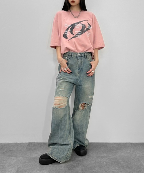 LVEU.（ラブユ.）の「【LVEU.】クラッシュルーズデニムパンツ / ボトムス パンツ デニム ダメージ ストレート ワイド ルーズ ヴィンテージ 色落ち インディゴ ブルー ブラック（デニムパンツ・レディース・ブラック/ブルー・FREE）」の16枚目の写真