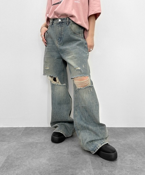 LVEU.（ラブユ.）の「【LVEU.】クラッシュルーズデニムパンツ / ボトムス パンツ デニム ダメージ ストレート ワイド ルーズ ヴィンテージ 色落ち インディゴ ブルー ブラック（デニムパンツ・レディース・ブラック/ブルー・FREE）」の19枚目の写真