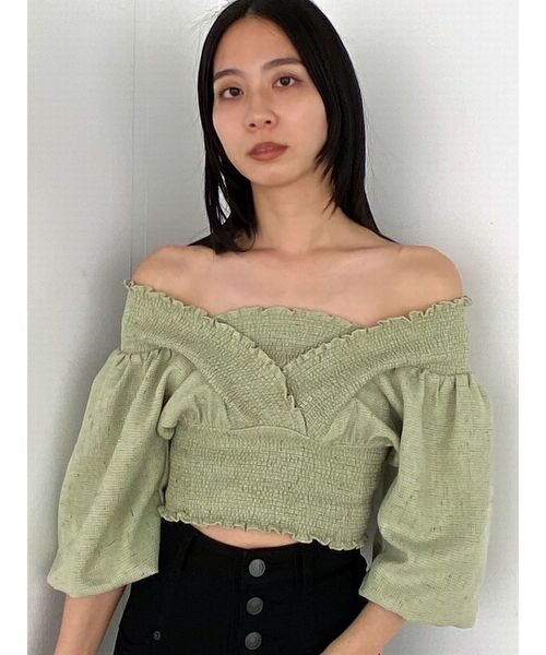 EMODA（エモダ）の「シャーリングミニトップ（Tシャツ/カットソー・レディース・ブラック/グレー/ホワイト/ライム・FREE）」の4枚目の写真