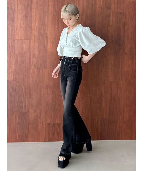 EMODA（エモダ）の「シャーリングミニトップ（Tシャツ/カットソー・レディース・ブラック/グレー/ホワイト/ライム・FREE）」の11枚目の写真