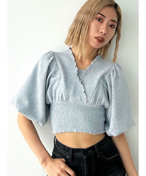 EMODA（エモダ）の「シャーリングミニトップ（Tシャツ/カットソー・レディース・ブラック/グレー/ホワイト/ライム・FREE）」の18枚目の写真