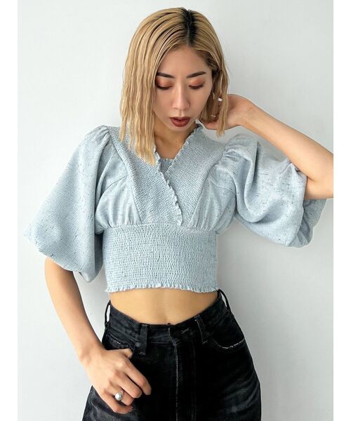 EMODA（エモダ）の「シャーリングミニトップ（Tシャツ/カットソー・レディース・ブラック/グレー/ホワイト/ライム・FREE）」の19枚目の写真