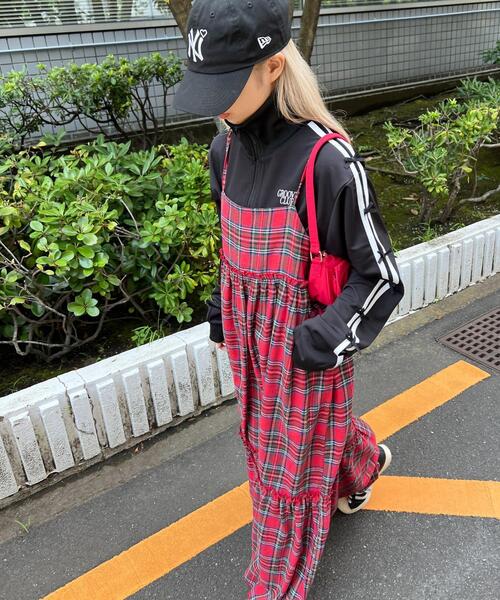 ワンダフルワールド たくし上げタブリエ ワンピース チェック 水色 赤 リボン ワンダフルワールド たくし上げタブリエ ワンピース チェック