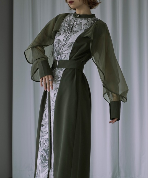 エジック　ドレス　オリーブ Ezick（エジック）の「Jacquard line シアースリーブシャツ