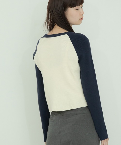 ラグランショート丈ニットトップス / クロップド丈 ミニマル ミニ丈