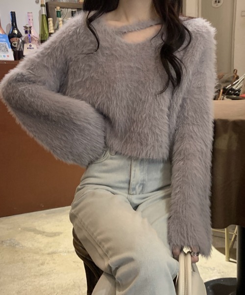 グレー ニットショート丈セーター　フミカウチダ ダブルジップショート丈ニットカーディガン[kz472] | レディース